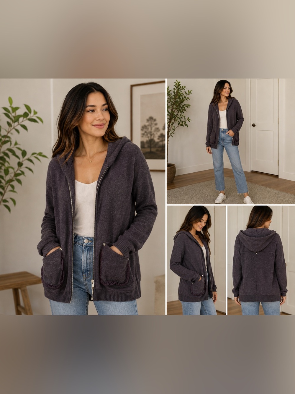 Wilfred Free by Aritzia Rousseau Zip Up Hooded Cardigan XS Cotton Modal Plum